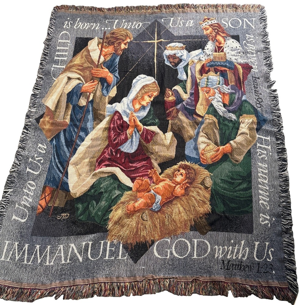 Vtg Nativity Scene Tapestry Throw Blanket Christmas Decor Religious 63x52
